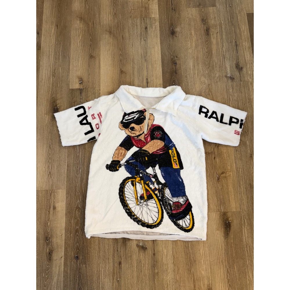 Upcycled Polo Sport Y2K Polo Bear Terry Cloth Shirt Mens XL White Graphic Zip